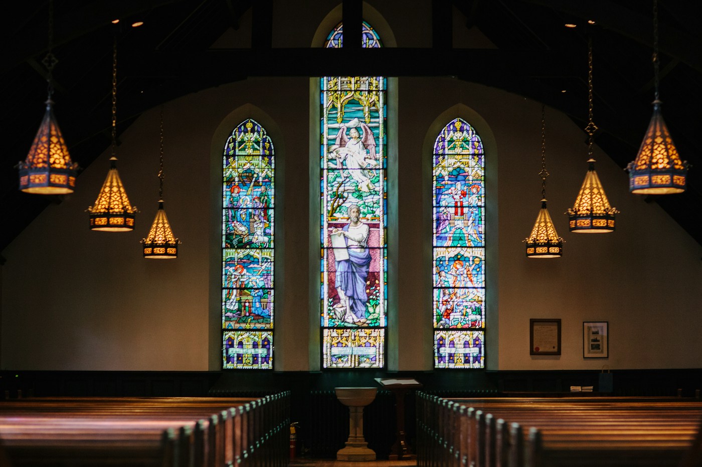 Stained-glass windows inside a church